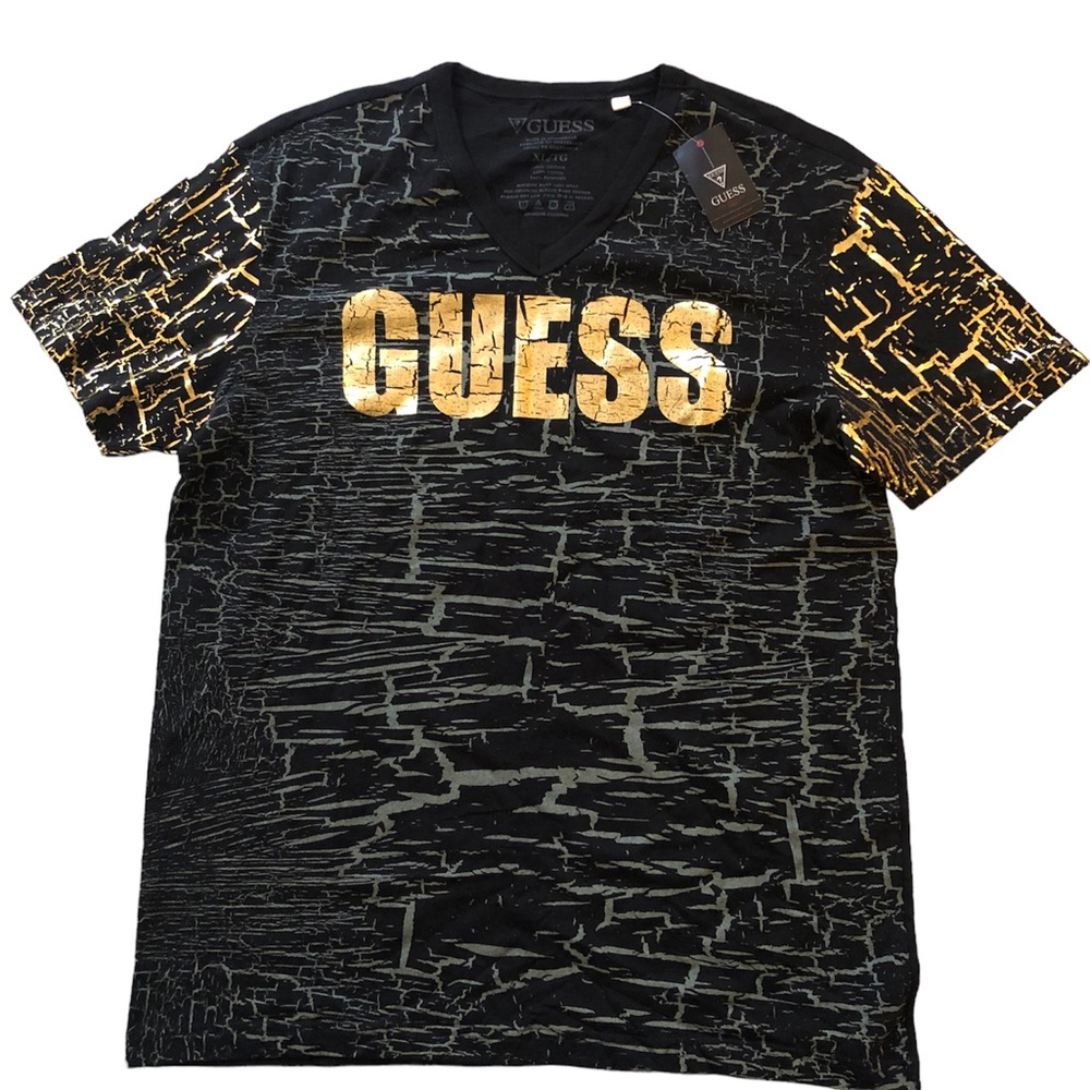 New GUESS Los Angeles Men’s Black V-Neck T-Shirt XL Kramer Crackle Gold Cotton